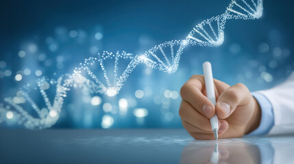 Medical technology scientist hand writing on digital tablet with dna helix glowing