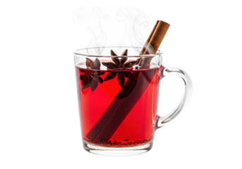 hyper-realistic macro of a steaming glass mug of rich ruby glühwein, garnished with star anise and curled cinnamon, against a pure high-key white background. Concept of winter warmth and luxury