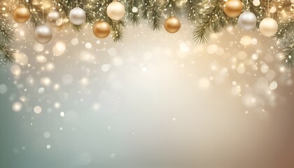 Fototapeta premium Festive Christmas background with a top border of fir branches, golden and silver ornaments, and soft glowing bokeh.