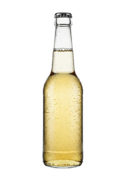 Pristine, clear longneck glass beer bottle, sealed with a silver crown cap, covered in condensation, cold pale golden beverage, isolated on a reflective white surface. Concept for high-end beverage
