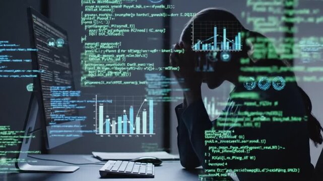 Stressed data analyst overwhelmed by financial data and programming workload, coporate world, data analytics