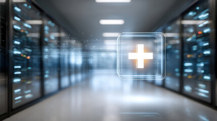 Medical technology data center with glowing health cross symbol in blurred server room