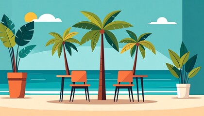 Cartoon beach scene with palm trees, ocean view, tables, chairs, plants, sun, and clouds on a calm day