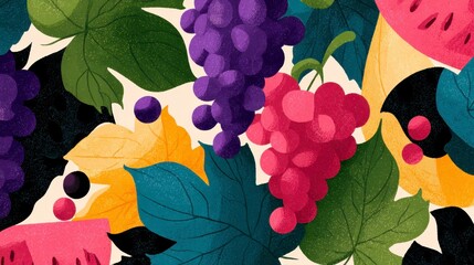 Colorful illustration showcases vibrant grapes in purple & red, alongside green, yellow & teal leaves, and watermelon slices
