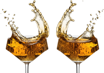 Macro shot of two heavy faceted crystal coupe glasses with effervescent golden champagne splashing dramatically, hundreds of droplets frozen mid-air against a transparent background. Concept of