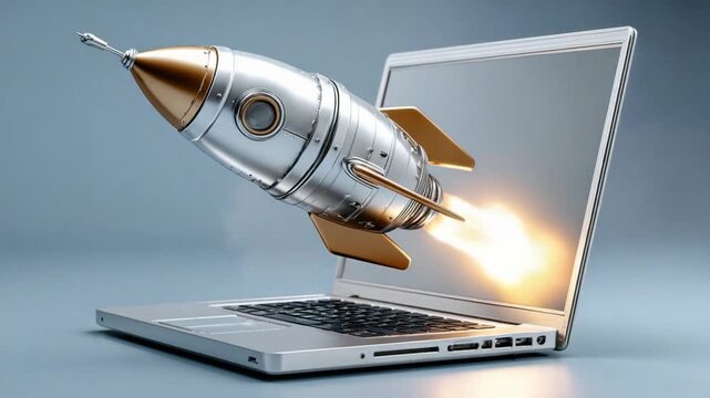 Digital Launchpad: A rocket blasting out from a laptop screen, symbolizing innovation, growth, and the power of technology. 