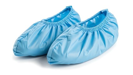A pair of blue shoe covers on a white background