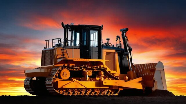 Construction Power: A robust bulldozer, bathed in the fiery hues of the sunset, stands ready for action, symbolizing progress and industry.