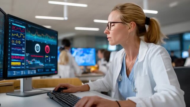 Focused in Healthcare: A dedicated healthcare professional intently monitors patient vital signs on a cutting-edge computer system in a modern hospital setting. Showing precision and care.