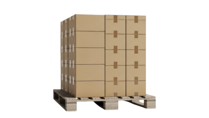 A stack of cardboard boxes on a wooden pallet in a warehouse setting indoors.