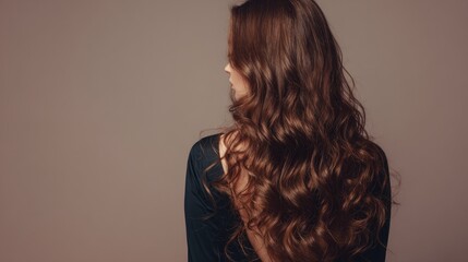 Brunette woman with long wavy hair seen from the back, styled using the curly method, showcasing healthy, voluminous waves and modern hairstyling techniques