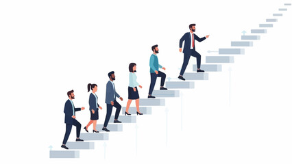 Team of professionals climbing stairs together towards success.