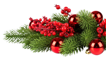 A festive arrangement of red ornaments and berries on fir branches viewed from above on a white background.