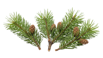 A detailed view of a pine branch with cones and green needles on a white background