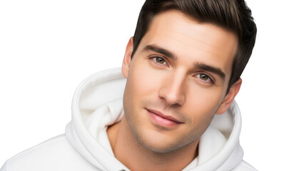 A young man wearing a white hoodie looks directly at the camera with a subtle smile indoors.