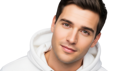 A young man wearing a white hoodie looks directly at the camera with a subtle smile indoors.