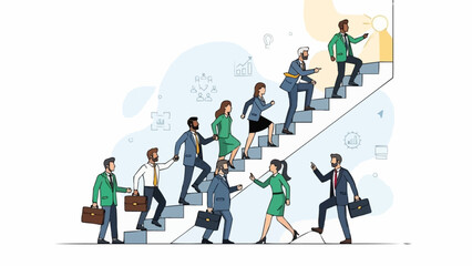 Diverse group of professionals climbing stairs symbolizing career advancement and teamwork.