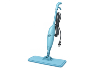 Blue electric steam mop for floor cleaning. Modern household appliance sanitizing hard surfaces using steam