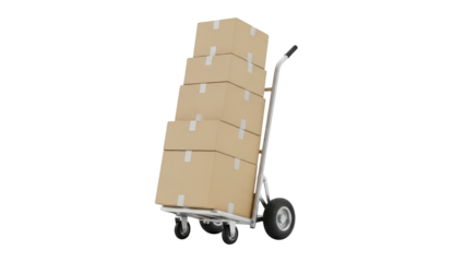 A dolly loaded with stacked cardboard boxes is positioned on a white background