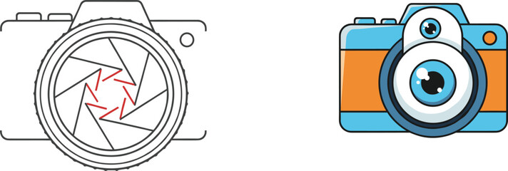 Fototapeta premium Camera icons, aperture lens design, cartoon photo device, black outline, photography symbol, visual branding, snapshot concept, media badge