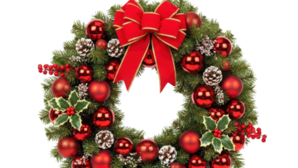 A festive Christmas wreath adorned with red ornaments and a bow is displayed on a white background.
