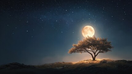 Bright moon shines over a tree on a rocky hill under a starry sky at night in a quiet landscape