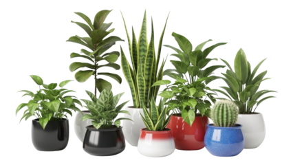 Variety of houseplants and succulents in colorful pots on a white background indoor setting