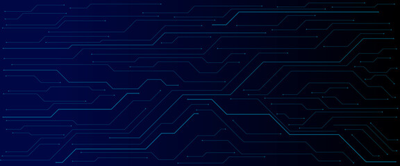 Abstract AI circuit board background. Technology connected blue lines with electronics elements on tech bg. Vector futuristic blue wires on a circuit board on a dark technological background. 