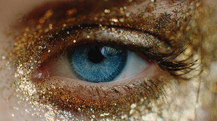 Close-up view of a blue eye with sparkling gold glitter during a creative makeup session in a bright room