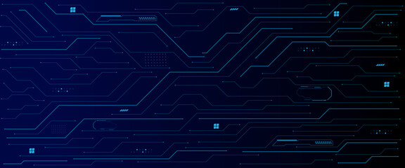 Abstract AI circuit board background. Technology connected blue lines with electronics elements on tech bg. Vector futuristic blue wires on a circuit board on a dark technological background. 
