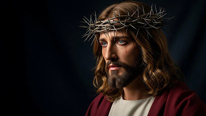 Jesus christ wearing crown of thorns and red robe