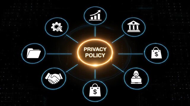 Privacy policy concept with glowing text and digital business icons