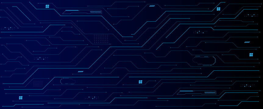 Abstract AI circuit board background. Technology connected blue lines with electronics elements on tech bg. Vector futuristic blue wires on a circuit board on a dark technological background. 