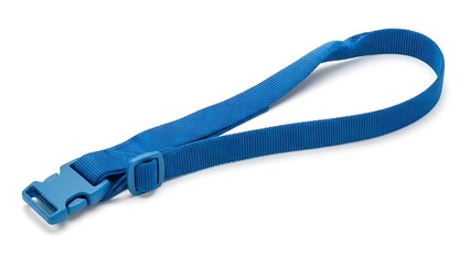 Fototapeta premium A blue strap with a plastic buckle is displayed against a white background from a diagonal viewpoint