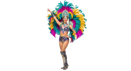 Woman in vibrant carnival costume with colorful feathers.