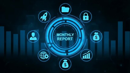 Digital monthly report interface displaying business icons and data - Powered by Adobe
