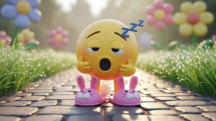 Stressed cartoon emoji character with headache standing on brick pathway in colorful garden with flowers and grass