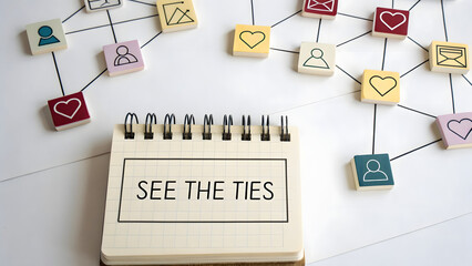 Diagram showing relationships and a notebook with text about ties