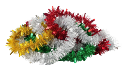 Colorful tinsel garlands lie tangled on a white surface in a messy pile with red, green, gold, and silver.