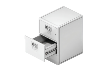 Metal filing cabinet with open drawer showing documents on a simple background in an office setting