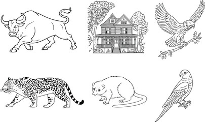 Black and white line of animals and a house line animals