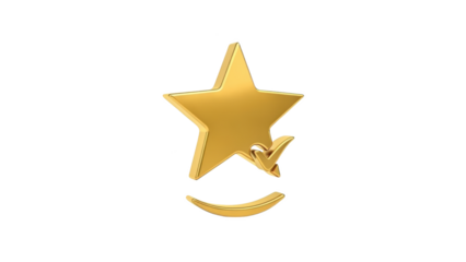 Golden star symbol with checkmark and smile on white background
