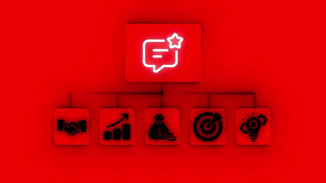 Business concept flow chart with icons for handshake growth money target and idea on red background diagram