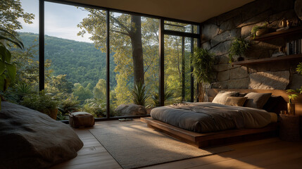 Serene Sanctuary: An inviting bedroom sanctuary blends seamlessly with the natural world, featuring panoramic views of a lush forest through expansive glass windows.