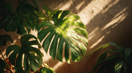 Monstera Deliciosa and Shadows: A lush Monstera Deliciosa plant basks in the dappled sunlight, casting intricate shadows on a textured wall, celebrating natural elegance.