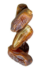 Ripe dried date palm fruits witth half in stack isolated with clipping path in png format Concept of iftar food in Ramadan month for Muslims