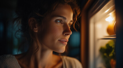 Midnight Snack Decision: A woman stands illuminated by the soft glow emanating from the open refrigerator, pondering her late-night culinary choice, embodying contemplation and mindful indulgence.