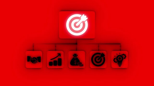 Business concept flow chart with icons for handshake growth money target and idea on red background diagram