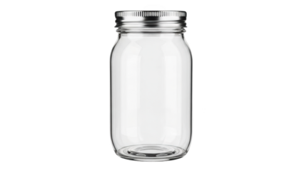 A clear glass bottle stands alone on a white background with its lid on.