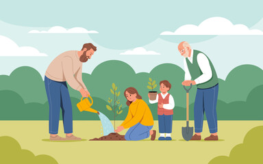 Fototapeta premium A multi-generational family is coming together to plant trees in a garden, celebrating family bonds and the importance of nurturing the environment across generations.